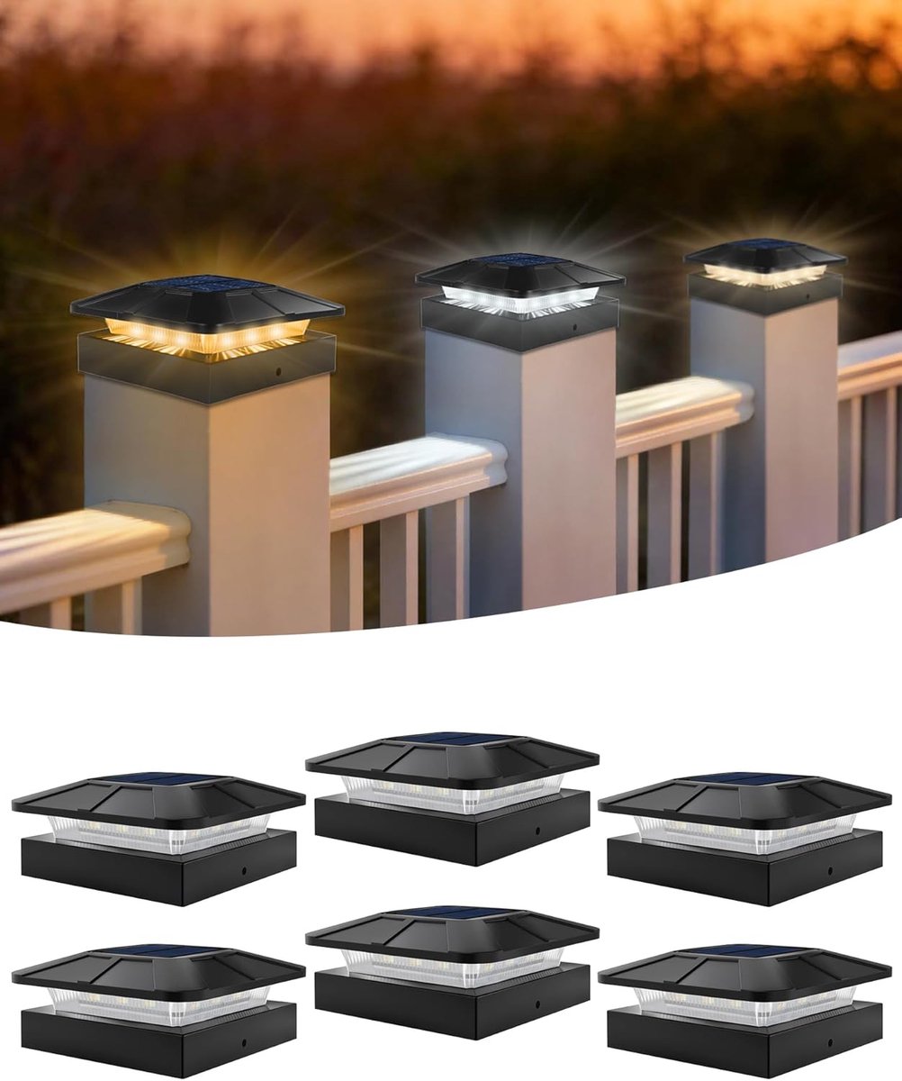 SnelShoppen - Solar Pole Cap 10x10 CM LED Tuinverlichting, 3 Kleurtemperaturen 3000K/4500K/6000K, Dimbaar 50%/100%, IP65 Waterdicht, Set van 6 voor Tu