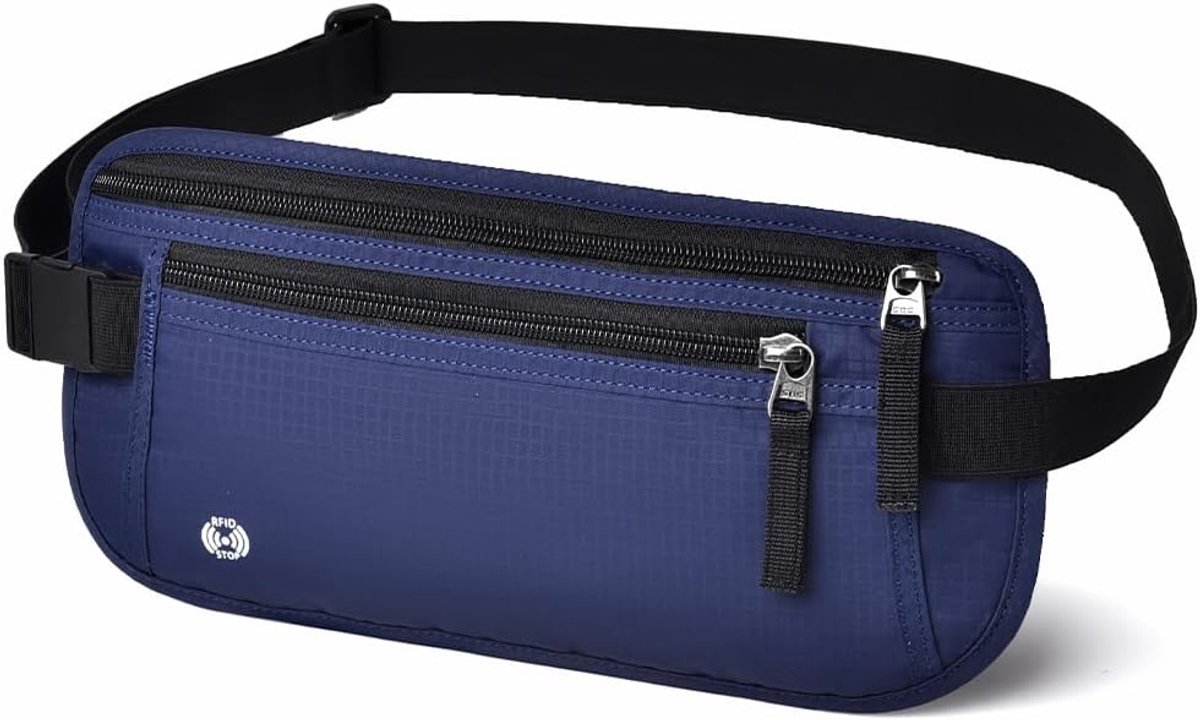 Thijox - DiULi RFID-blokkerende Geldriem, Anti-diefstal Heuptas, Verstelbare Elastische Heupriem, Donkerblauw, Normale Maat, Inclusief 5 GRATIS Kaarth