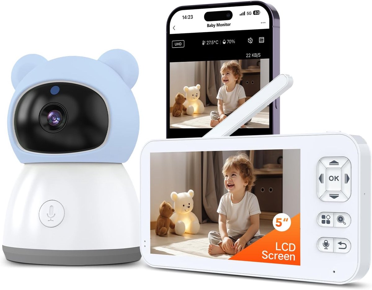 SnelShoppen - 2K Baby Monitor Camera 5 Inch met App, 360 Graden Rotatie, Nachtlampjes, 4x Zoom, Bewegingsbewaking, Automatische Volging, Persoonlijke