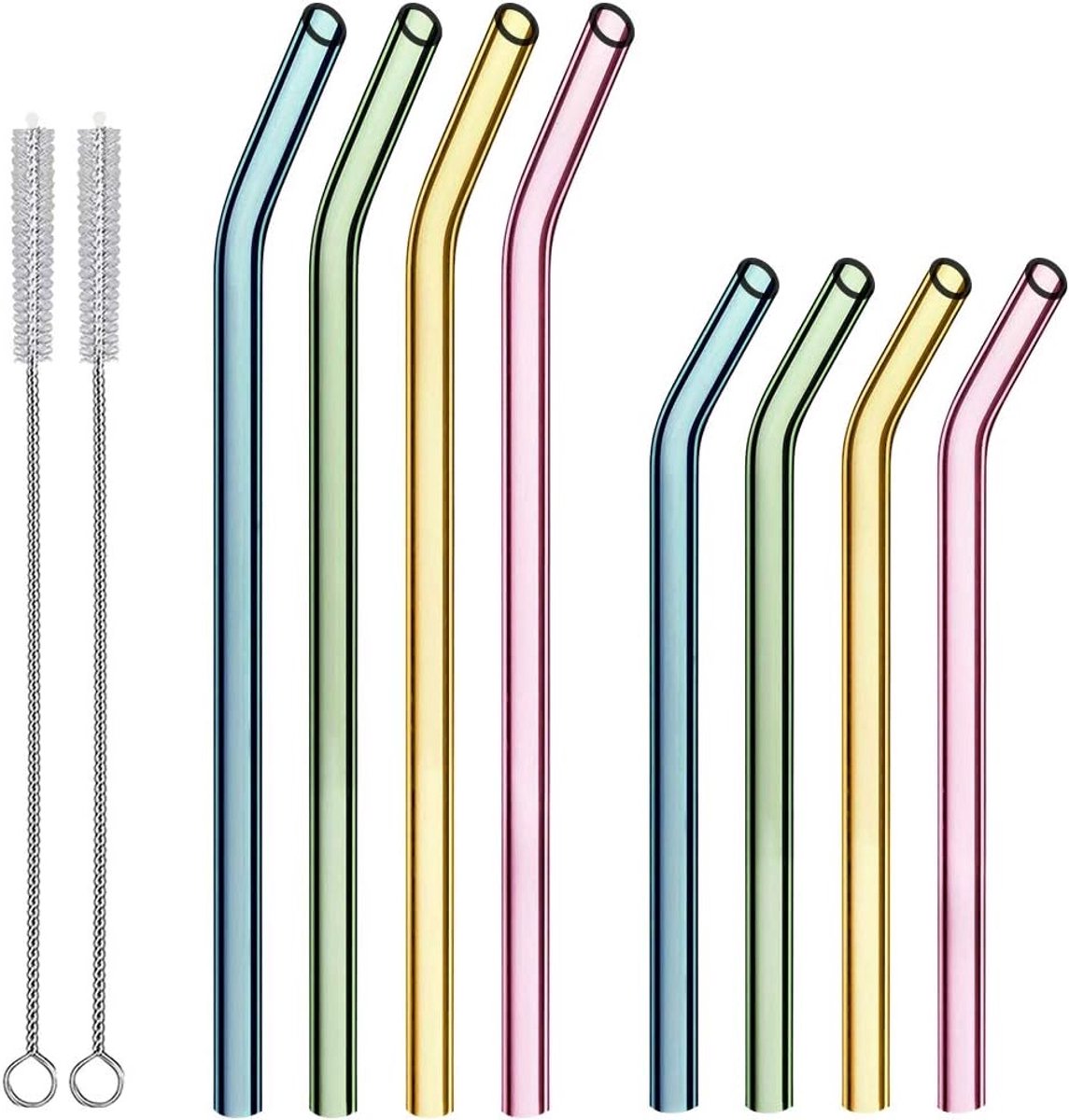 SnelShoppen - 8 Herbruikbare Glazen Rietjes met 2 Reinigingsborstels | 4 Rechte en 4 Gebogen Rietjes | Borosilicaatglas | Voor 20 en 30 oz Bekers | Du