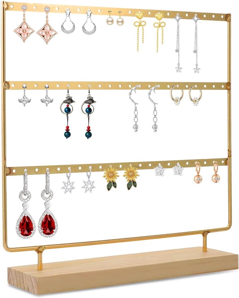 SnelShoppen - 60 Holes Earring Holder Stand met 3 Laagen, Stabiele Sieraden Organizer met Houten Basis, Earring Display Stand voor Hangende Oorbellen