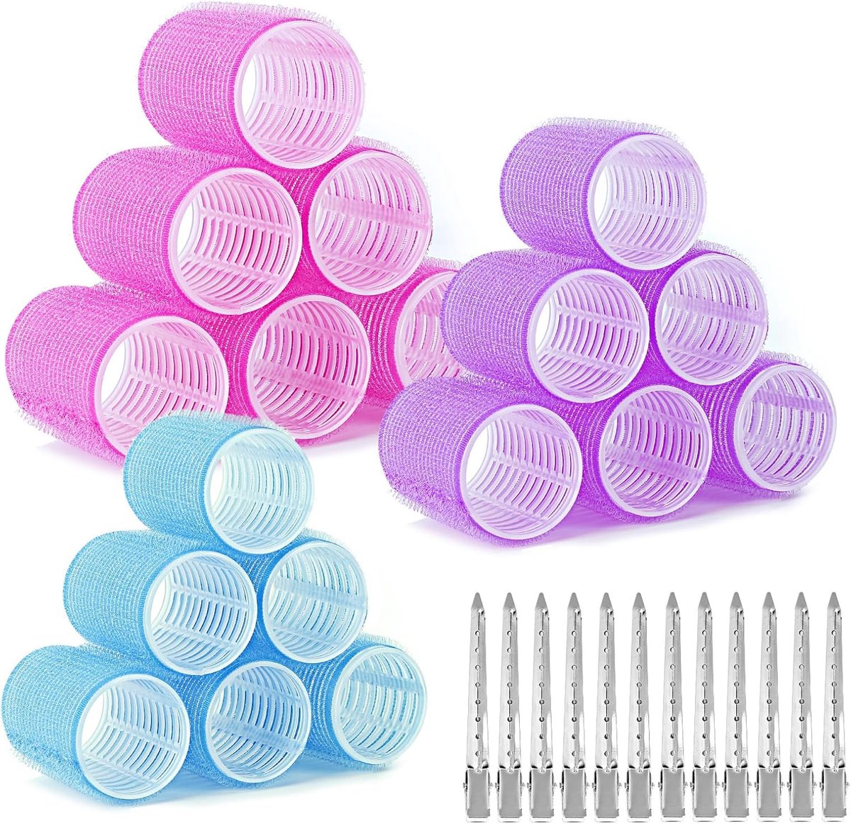 SnelShoppen - Set van 30 Haarrollers - 18 Zelfklevende Curlers met 12 Metalen Clips - Grote Krullers - 3 Maten (40mm, 30mm, 20mm) voor Diverse Krullen