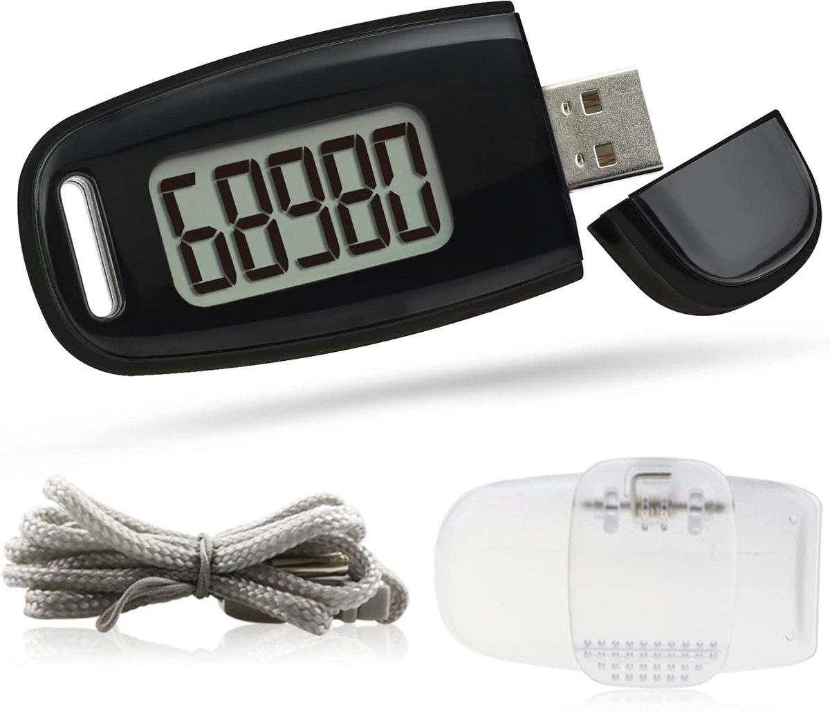 SnelShoppen - 3D Pedometer met Clip en Lanyard - Digitale Stappenteller - Accuraat Stappen, Mijlen, Calorieën Bijhouden - Oplaadbare Zwarte Fitnessmon