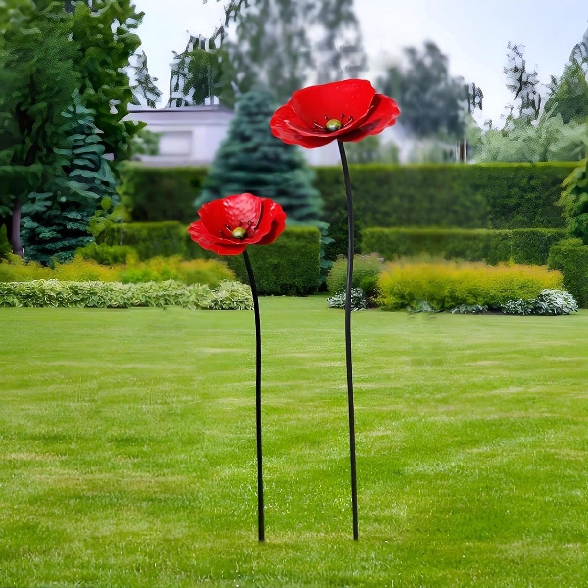 Tuinornamenten Klaprozen - Metalen Stekers - Tuin Decoratie - Weerbestendig Metaal - 2 Stuks - Rood