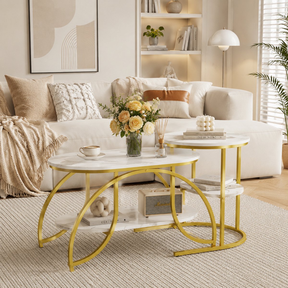Set van 2 Salontafels – Metaal – Bijzettafel met 4 niveaus – Voor woon en slaapkamer – 80/52 cm – Wit marmerpatroon – Goudkleurig metalen frame – Industrieel design