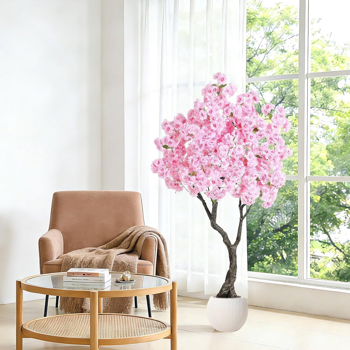 Realistische roze kunstkersenbloesemboom in pot – 5FT (150 cm) kunstplant – zijden bloemen en levensechte bladeren – UV-bestendig – onderhoudsvriendelijke decoratieve boom – voor binnen en buiten, thuis,