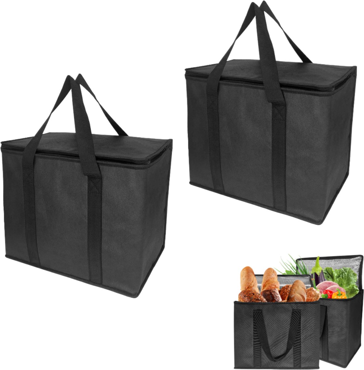 2 stuks – Zwarte koeltassen – Herbruikbare boodschappentassen – Draagbare koeltassen voor buiten – Opvouwbaar – Geschikt voor picknicks, feestjes, enz. – 30 x 25 x 25 cm