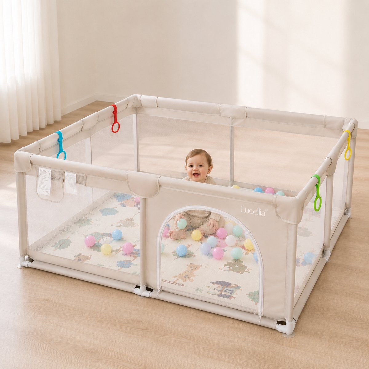 Lucellia® Grondbox Baby - Speelbox & Kruipbox - Inclusief Speelmat & 30 Ballen - Draagtas - Beige - 180x200 cm