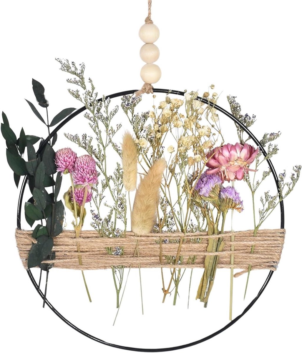 Gedroogde bloemenkrans - Natuurlijke decoratie - Wanddecoratie - Handgemaakt ontwerp - 20 cm diameter - Zwart en lavendel