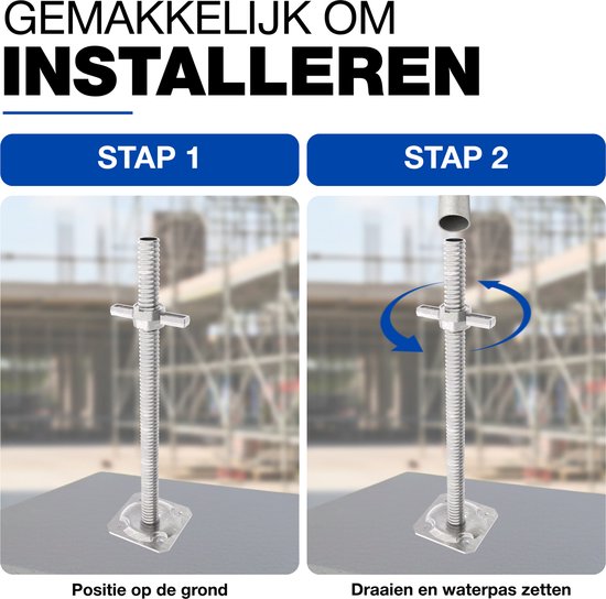 Afbeeldingen die de eenvoudige installatie van de voetspindel tonen: stap 1 plaatsing op de grond, stap 2 draaien en waterpas zetten.