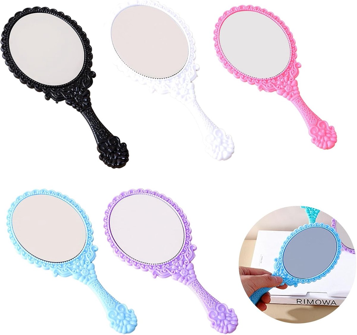 SnelShoppen - 5 Stuk Handspiegel Set - Prinsessenstijl, Retro, Lichtgewicht Make Up Spiegel met Handvat in Zwart, Wit, Blauw, Roze, Paars - Perfect vo