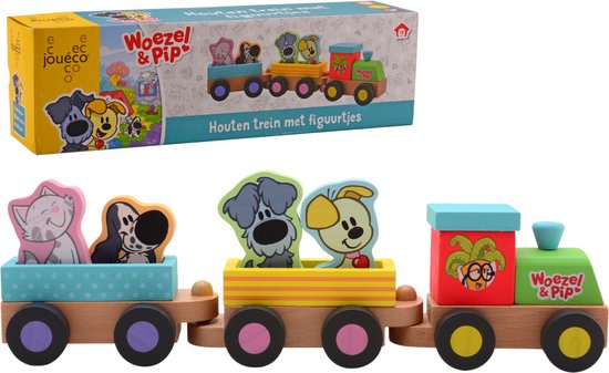Houten trein met een blauw wagon met kat en hond, een geel wagon met twee honden, en een rode wagon met twee palmbomen. Met de tekst "Woezel & Pip".