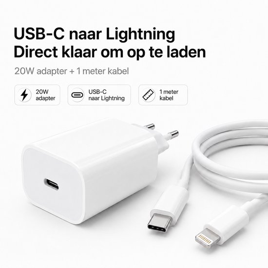 Witte 20W USB-C adapter en een witte 1 meter USB-C naar Lightning kabel.