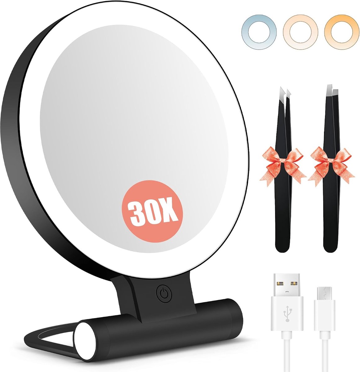 SnelShoppen - Makeup Spiegel met Verlichting, Dubbelzijdige Vergrotende Spiegel 1X/30X met Licht, 2000mAh, 3 Kleur Lichtmodi, Verstelbare Helderheid,