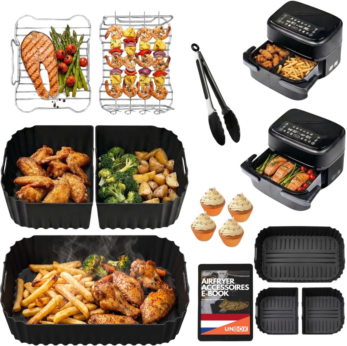 UNBOX Airfryer Accessoires - Geschikt voor Philips 1000 Series Dual Basket Airfryer - NA150/00 - 7,1L - Inclusief Airfryer Siliconen Bakje & e-Receptenboek