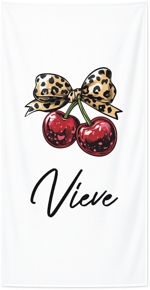 Strandlaken met naam kind 70x140 cm - Badhanddoek badstof - Gepersonaliseerd – Kersen – Livingstickers - Wit