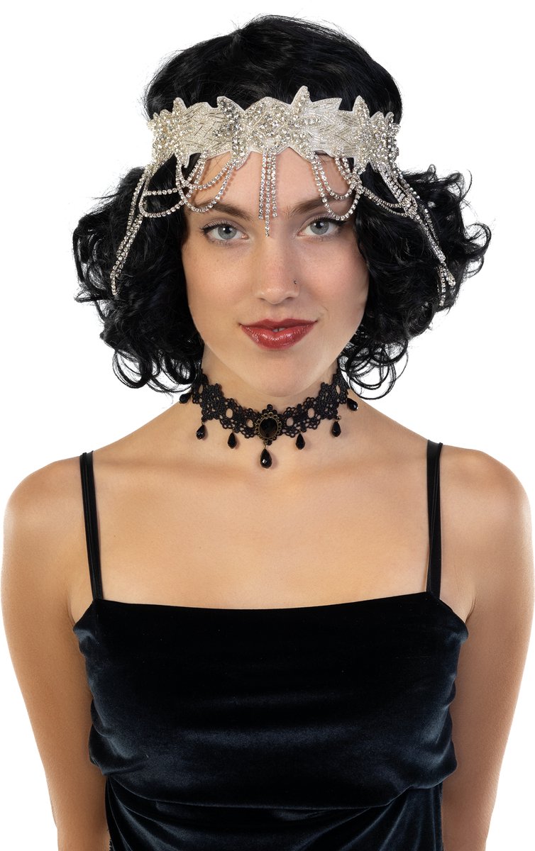 KIMU® Hoofdband Strass Zilver Breed - Roaring 20's Steentjes Kristal Haarband - Flapper Charleston Verkleedaccessoire Twenties Hoofd Band Festival