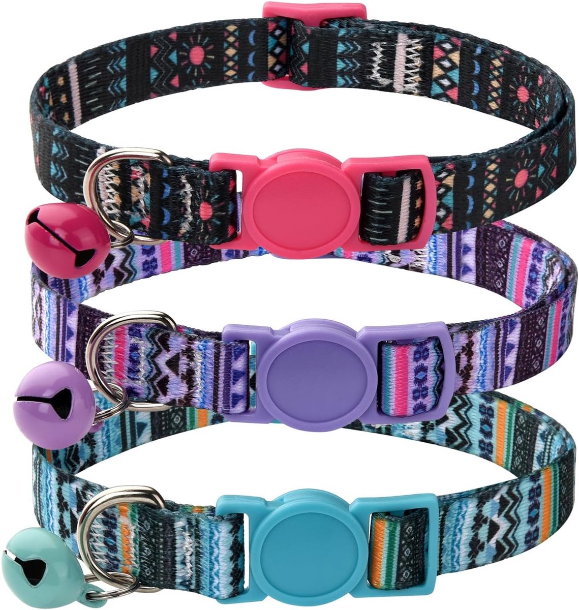 SnelShoppen - Verstelbare Kattenhalsbanden met Bel Set van 3 voor Meisjes en Jongens - Bohemian Bloemen en Tribale Geometrische Patronen - Veilig en C