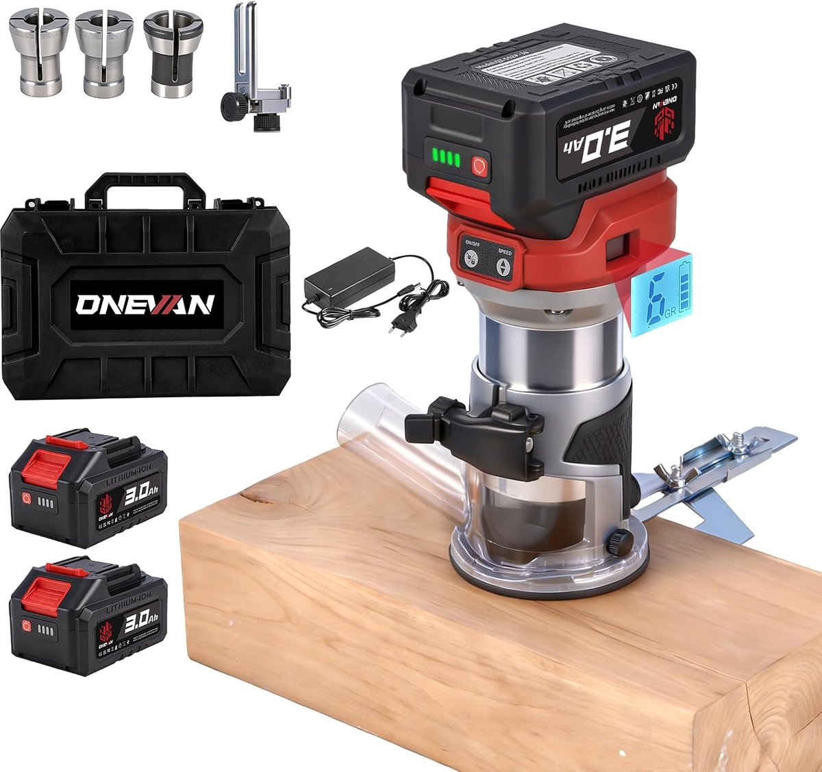 SnelShoppen - Draadloze Router & Edge Freesmachine met Display, 6-Stage 3 Collets (6/6.35/8 mm), 2 x 3.0 Batterijen, Borstelloze Frees voor Hout, MDF,