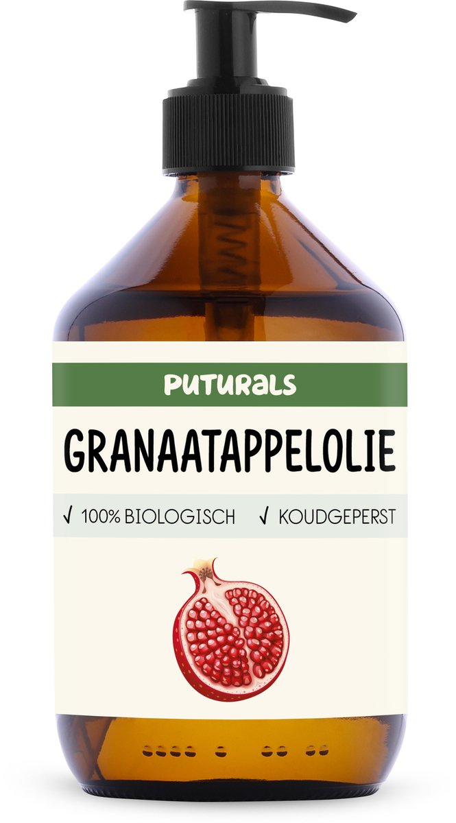 Puturals Granaatappelolie 100% Biologisch - 500ml - Koudgeperst en Puur - Granaatappelolie voor Huid, Haar, Gezicht en Lichaam - Rijk aan Antioxidanten - Bruine Glazen Fles + Pomp