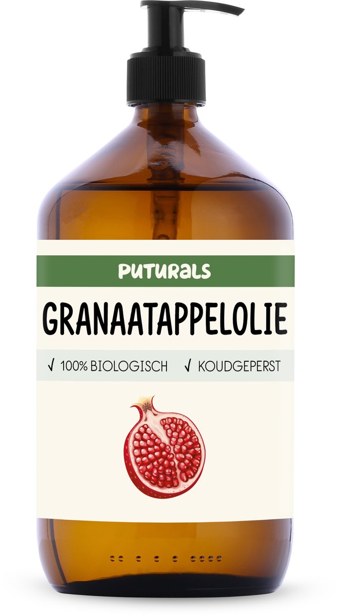 Puturals Granaatappelolie 100% Biologisch - 1000ml - Koudgeperst en Puur - Granaatappelolie voor Huid, Haar, Gezicht en Lichaam - Rijk aan Antioxidanten - Bruine Glazen Fles + Pomp