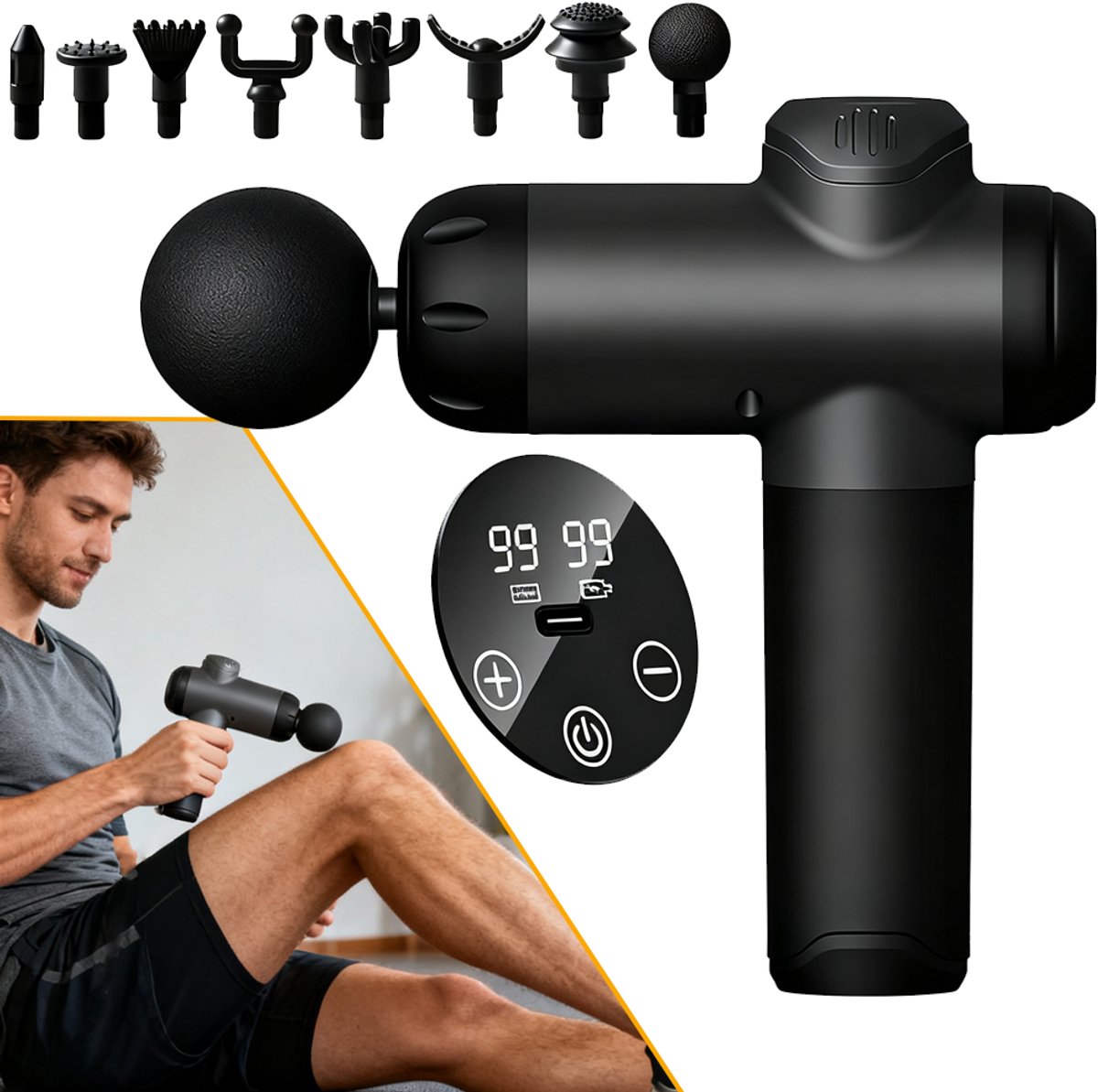 Massagepistool - Spiermassagepistool - Handmatig Elektrisch Massageapparaat - Met 99 Versnellingen En 8 Verwisselbare Koppen