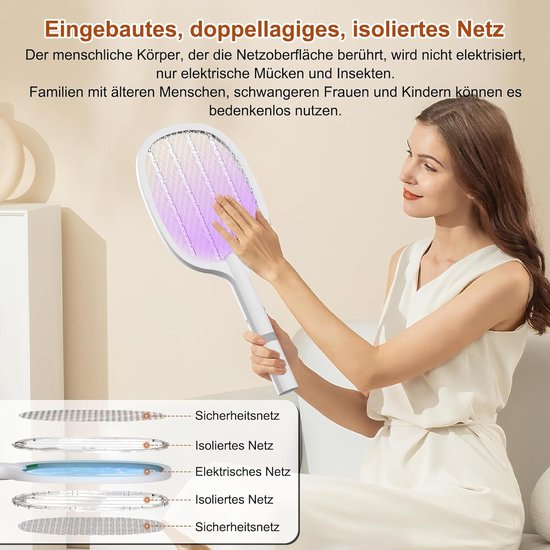 Vrouw houdt witte vliegenmepper met paars licht vast. Diagram van gelaagd veiligheidsnet.