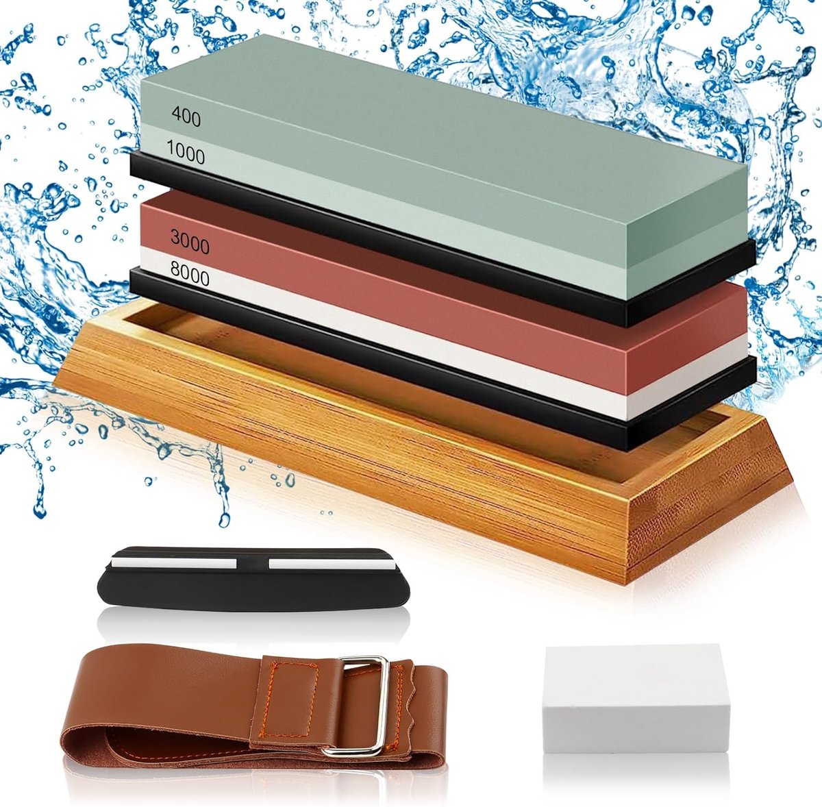 SnelShoppen - Professionele Messenslijpsteen Set 400/1000 & 3000/8000 Grit met Bamboo Basis, Slijphoekgids en Leerstrips voor Keuken en Outdoor
