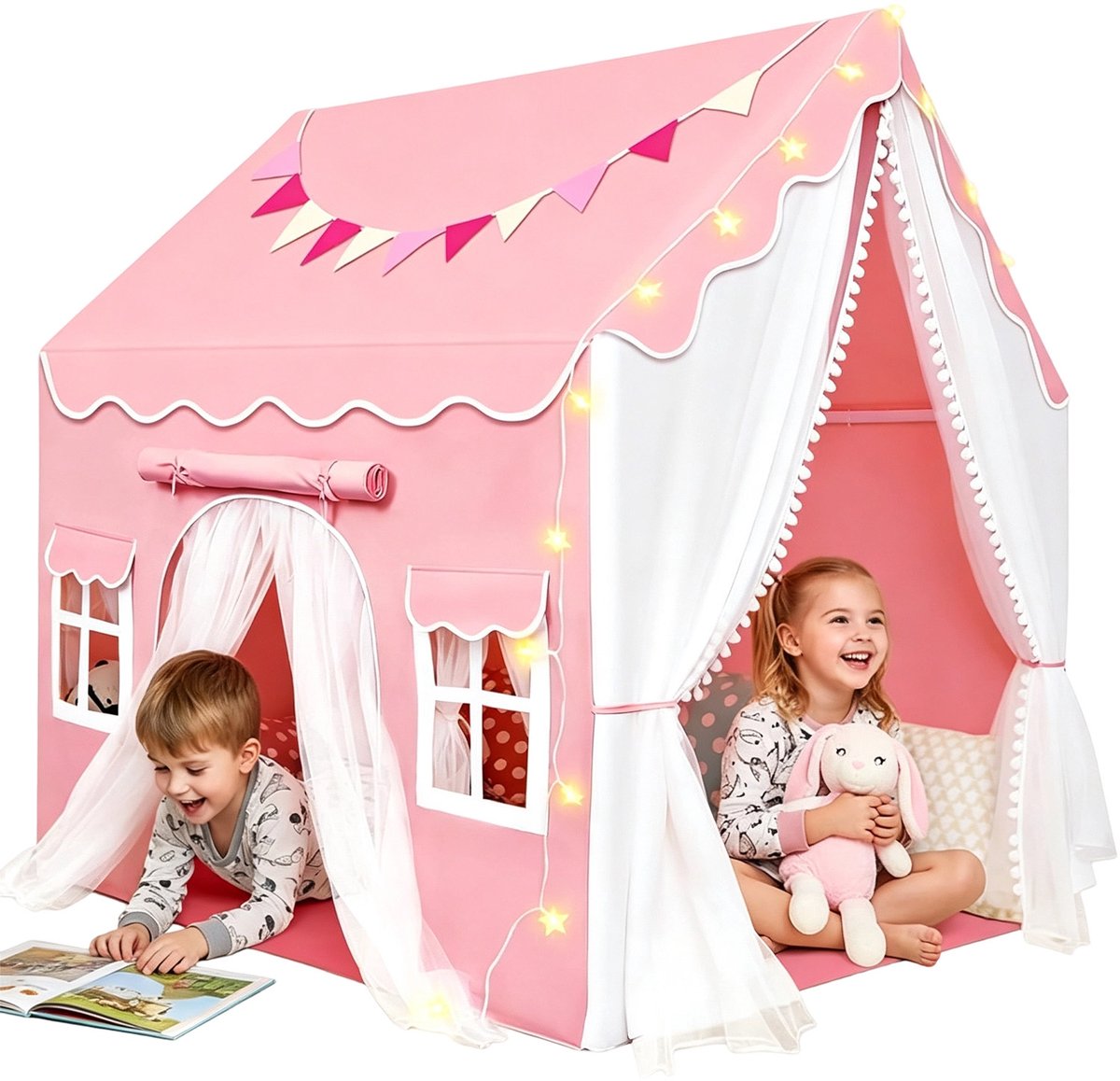Speeltent - speelhuisje - voor 2-3 kinderen - 120x100x127 cm - dubbele deuren - Met LED - vloermat - Roze Tent - voor binnen en tuin