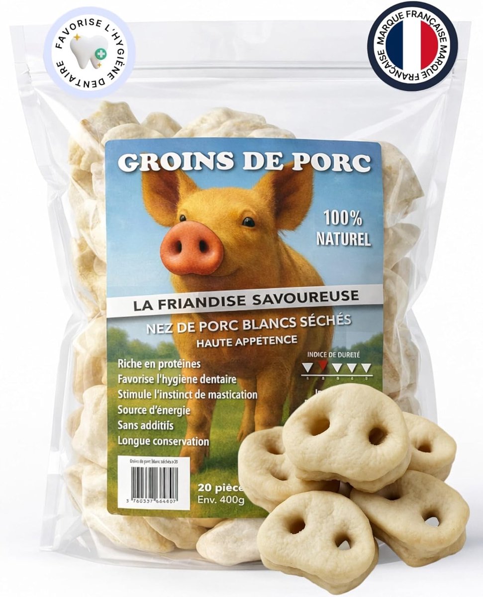 SnelShoppen - Drogen Varkensneus voor Honden, 20 Stuks, Natuurlijke Snacks 100% Eiwit, Gezonde Kauwsnacks voor Tandhygiëne en Vitaliteit, Franse Kibbl