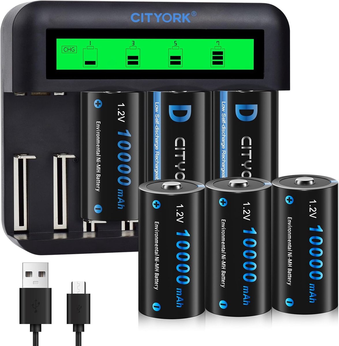SnelShoppen - Oplaadbare Batterij Lader D, 10.000 mAh, 1.2V Ni-MH, Geschikt voor AA/AAA/C/D, 6 Stuks, USB Oplaadstation voor Thuis en Buiten