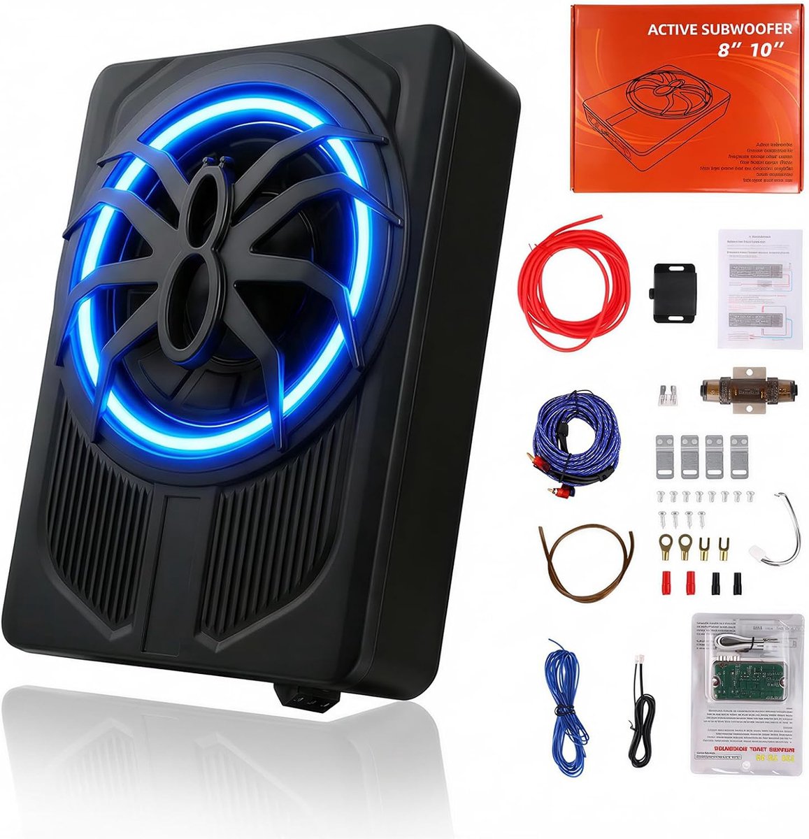 SnelShoppen - OiLiehu Subwoofer Onder de Stoel 1000W, 25,4 cm Slanke Auto Subwoofer met Stereo Surround Geluid, Geïntegreerde Audioversterker en Blauw