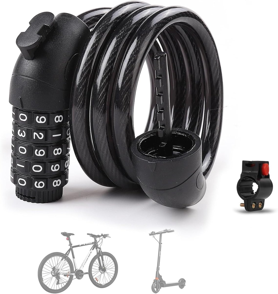 SnelShoppen - Fiets Slot, Combinatieslot met 5-Cijferige Cijferslot, 105 cm/10 mm, Anti-Diefstal Combinatieslot, Fiets met Houder, Hoog Beveiligings F