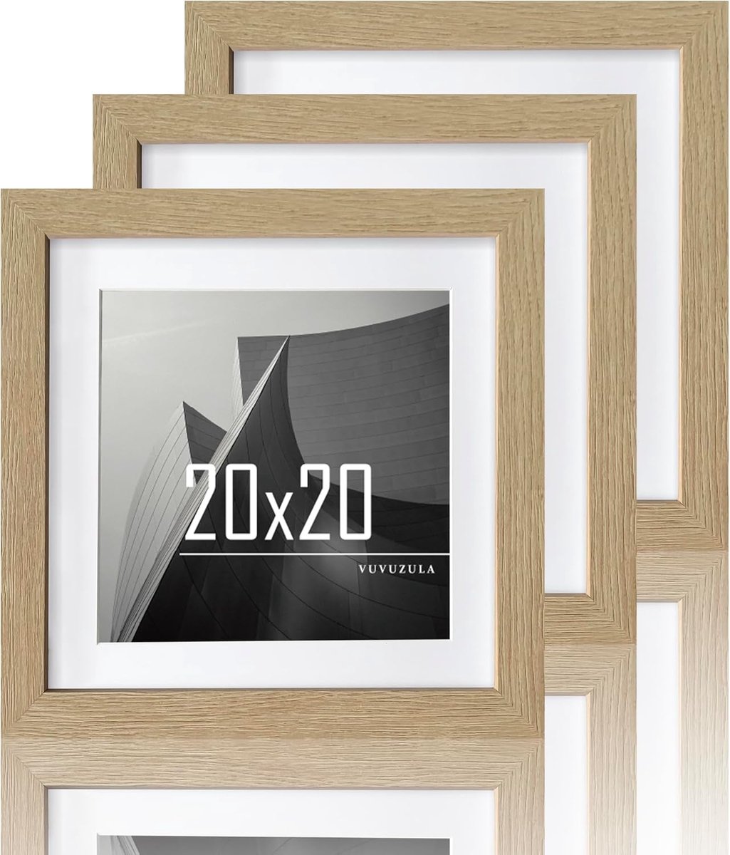 SnelShoppen - Set van 3 Houten Fotolijsten 20x20 cm - MDF Fotolijsten met Steun en Wandhaak - Inclusief 15x15 cm Passepartout - Perfect voor Natuur en