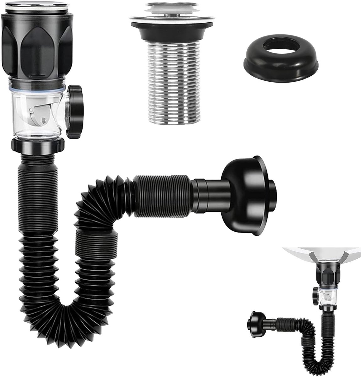 SnelShoppen - Hochwaardig Waschbecken Drain Fitting Kit - Geurproof Siphon Sink Kits met Flexibele Afvoerpijp en Pop Up Afvoerplug voor Badkamer en Ke