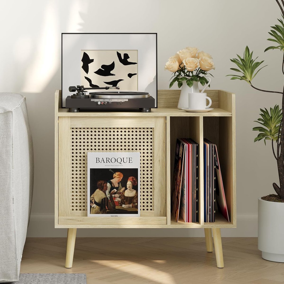 SnelShoppen - Record Player Stand met Vinyl Opbergruimte, Turntable Tafel met Rieten Kastdeuren, Compacte Plank voor Platen, Vintage Design voor Woonk