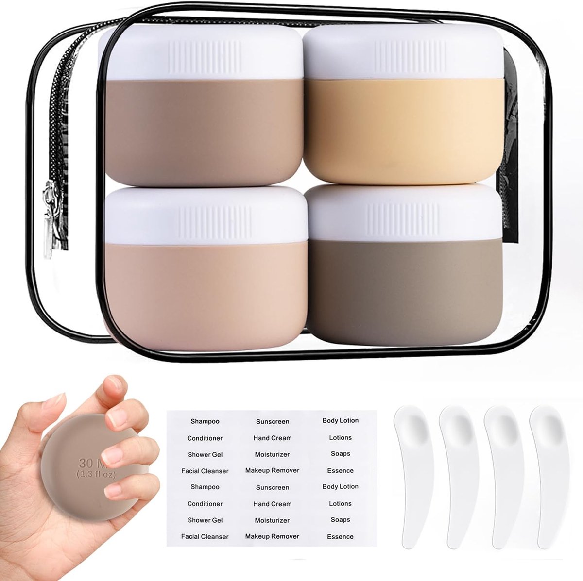 SnelShoppen - 4 Stuks 40ml Mini Silicone Containers met Duidelijke Tas - BPA Vrij Reiscontainers voor Cosmetica, Reisspullen, Make-up Flessen