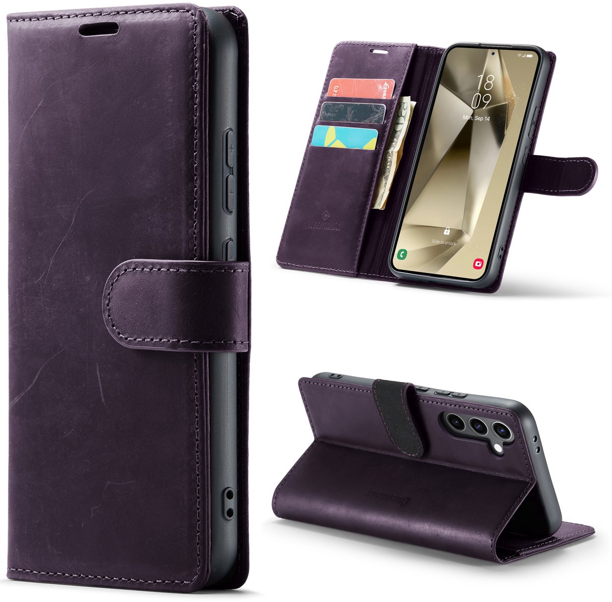 Casemania Echt Leren Hoesje Geschikt voor Samsung Galaxy S25 Plus - Dark Purple - Leer Wallet Hoes - Portemonnee Book Cover met Pasjeshouder