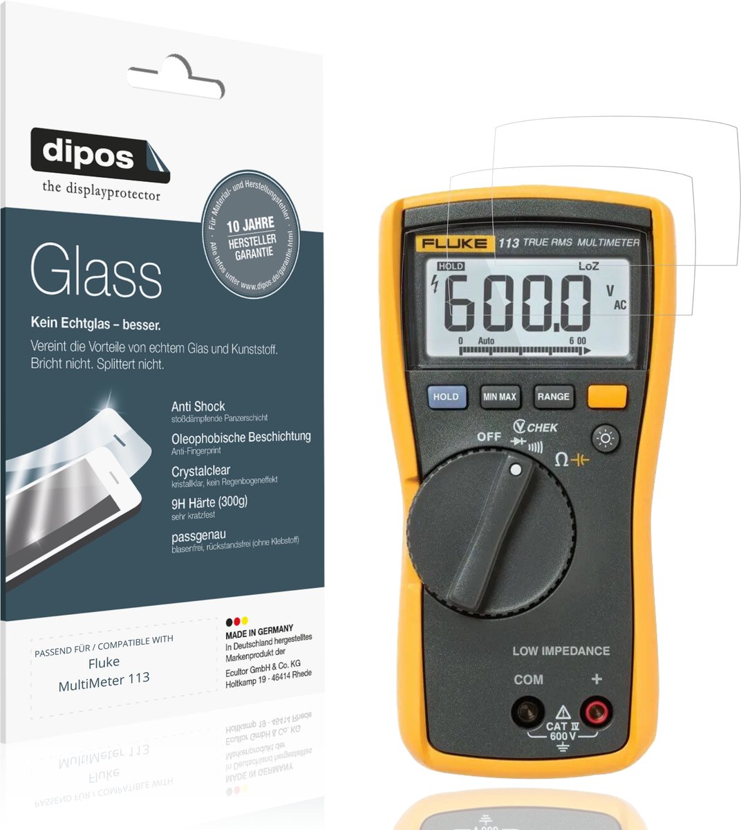 dipos – 2x Pantserfolie geschikt voor Fluke MultiMeter 113 | 9H Screenprotector