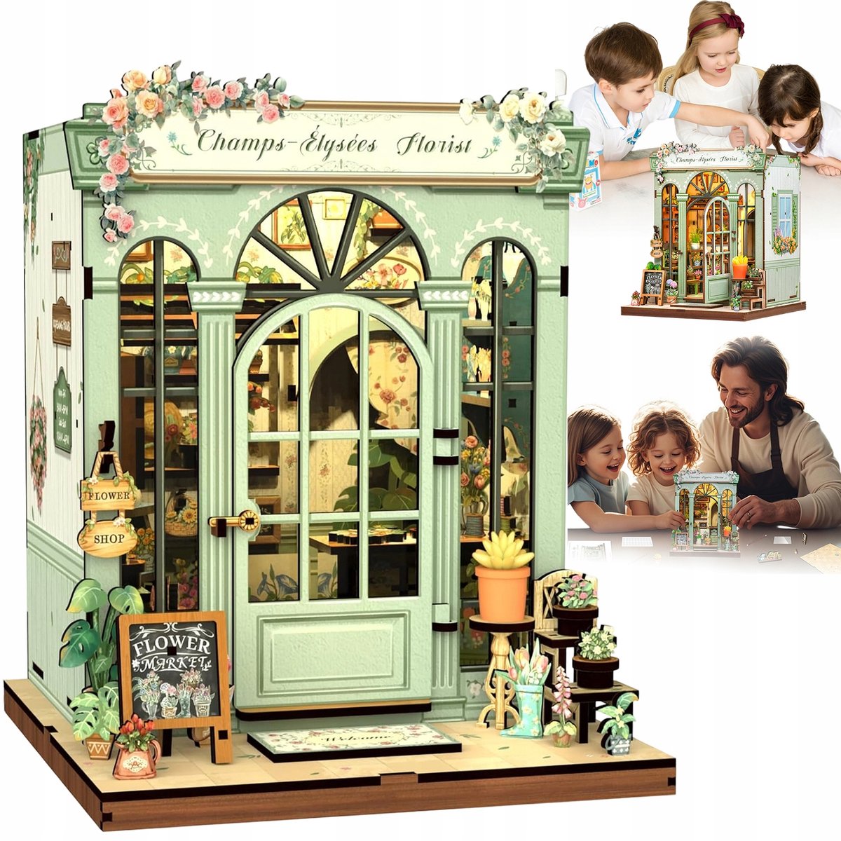 3D houten bouwpakket - DIY Miniatuur bloemenhuis - met LED-verlichting - boekensteun - zelfmontage - Boekensteun - woondecoratie - voor volwassenen en tieners