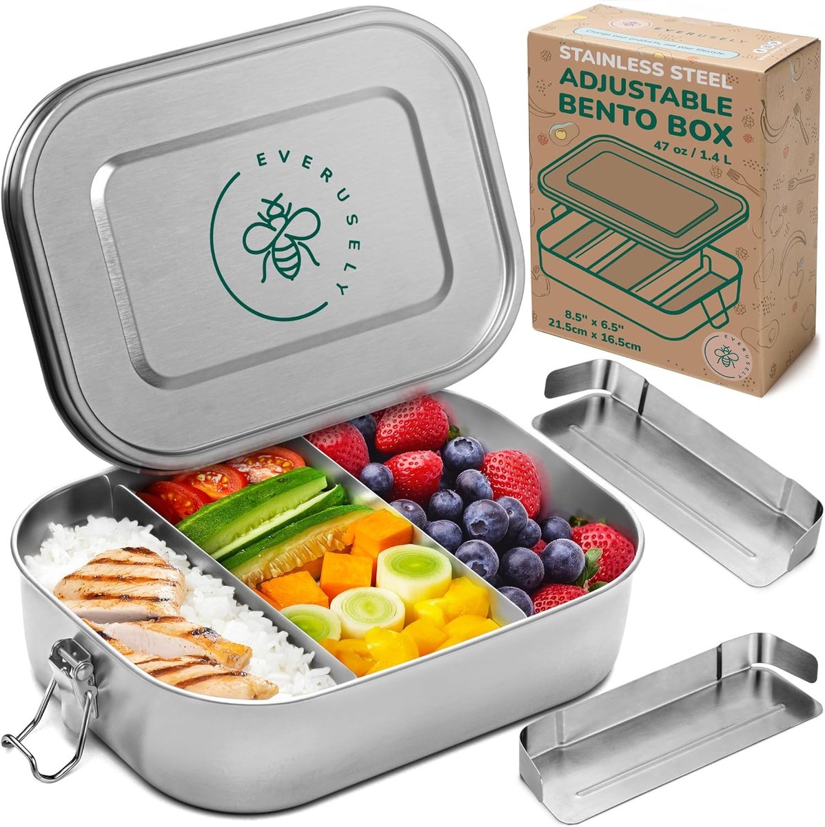 Thijox - Roestvrijstalen Lunchbox 1400 ml - Lekvrije Bento Box met 2 Verstelbare Verdelers - Ideaal voor Snacks, Salades, Kinderen en Volwassenen - Du