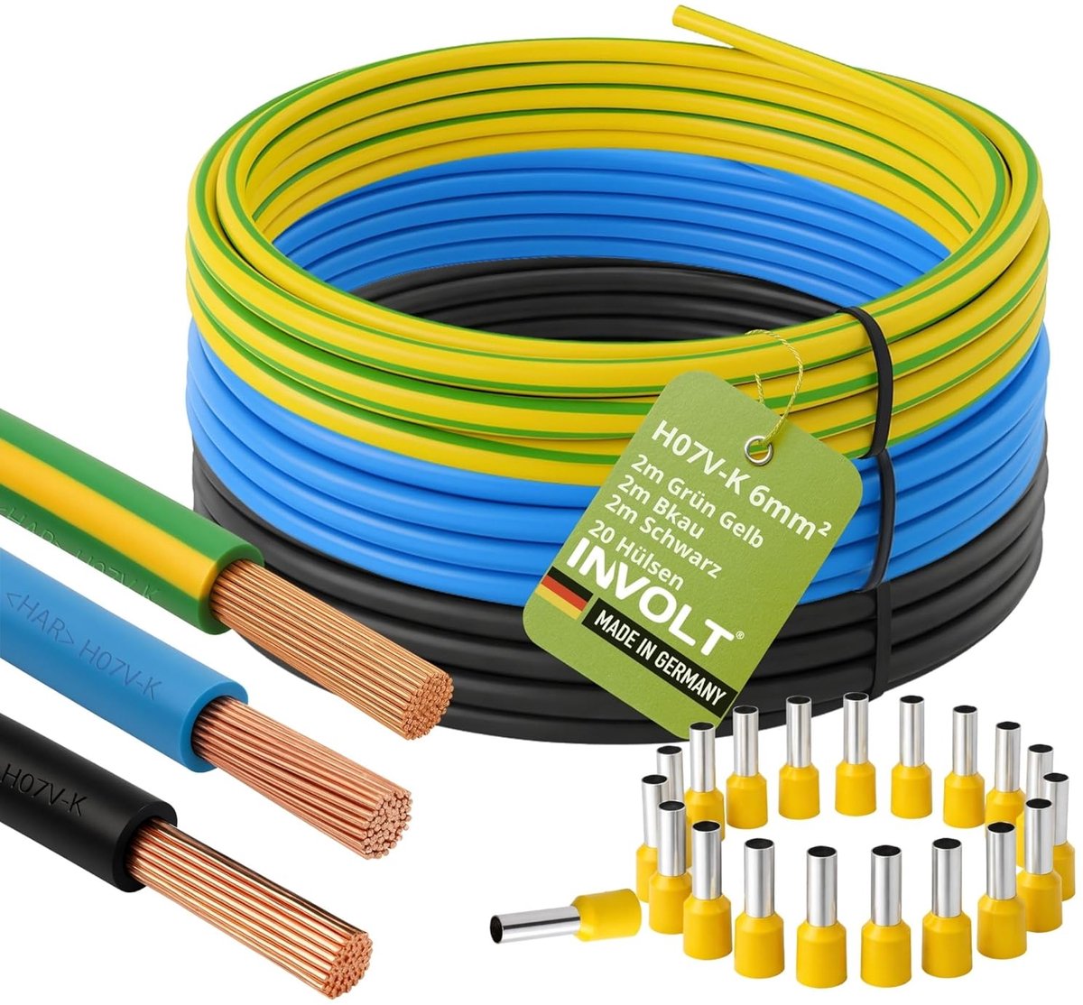 SnelShoppen - H07V-K Kabelset 6 mm², 3 x 2 m, Enkele Draden in Zwart, Blauw, Groen-Geel, VDE Gecertificeerd, Flexibele Draad voor Aarding en Thuisgebr