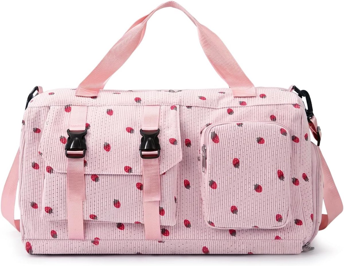 SnelShoppen - Flintronic Corduroy Aardbei Reistas - Grote Sporttas met Schoenenvak en Natte Zak - Opvouwbare Weekendtas voor Sportschool, Zwemmen, Dan