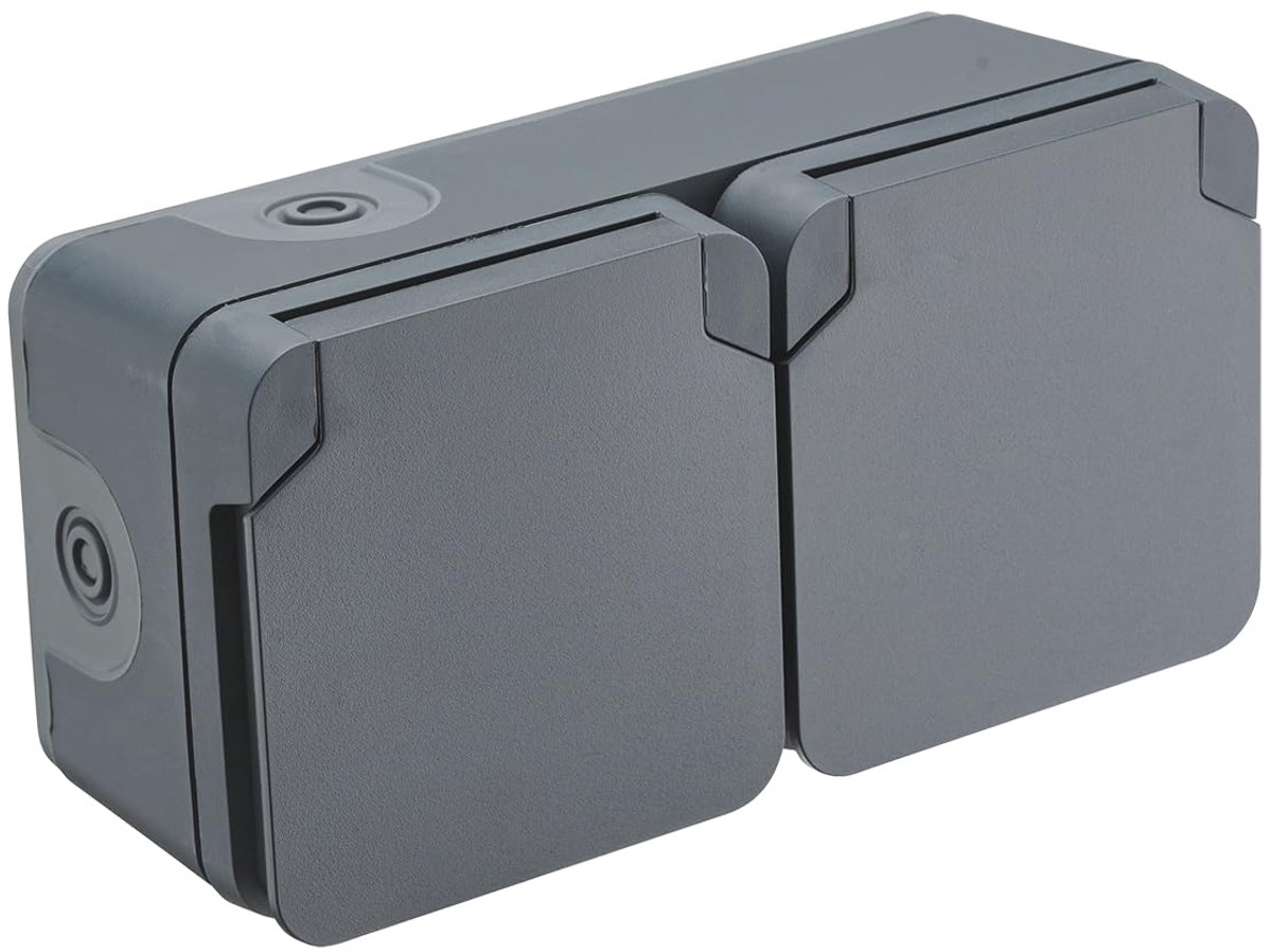 Stopcontact Buiten - Dubbel Wandcontactdoos - Vochtige Ruimtes - IP55 Waterdicht - 75 x 150 mm - Antraciet