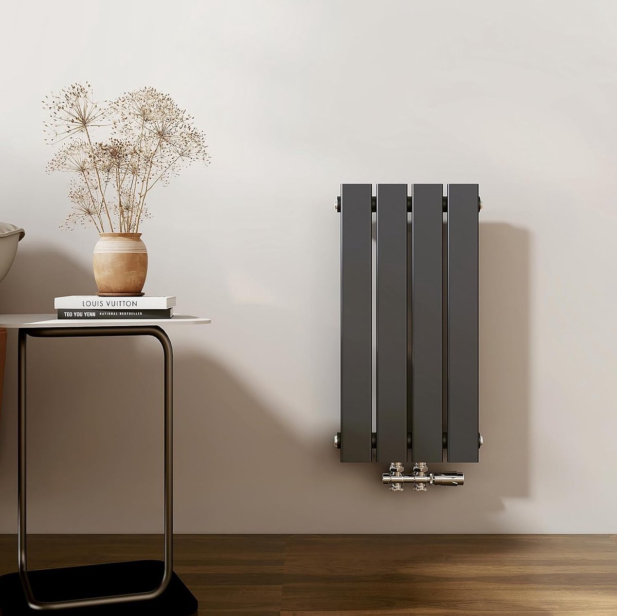 SnelShoppen - Verticale vlakke badkamer radiator 600x300 mm, centrale aansluiting, 1-laags, antraciet, 233 W - Snel verwarmen voor 3 m²