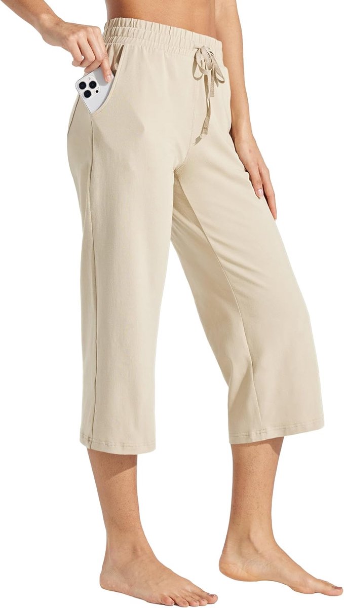 SnelShoppen - Dames Capri Broek Katoen Yoga Capri Casual Lounge Broek Wijde Pijpen Workout Joggingbroek met Pocket 50 cm