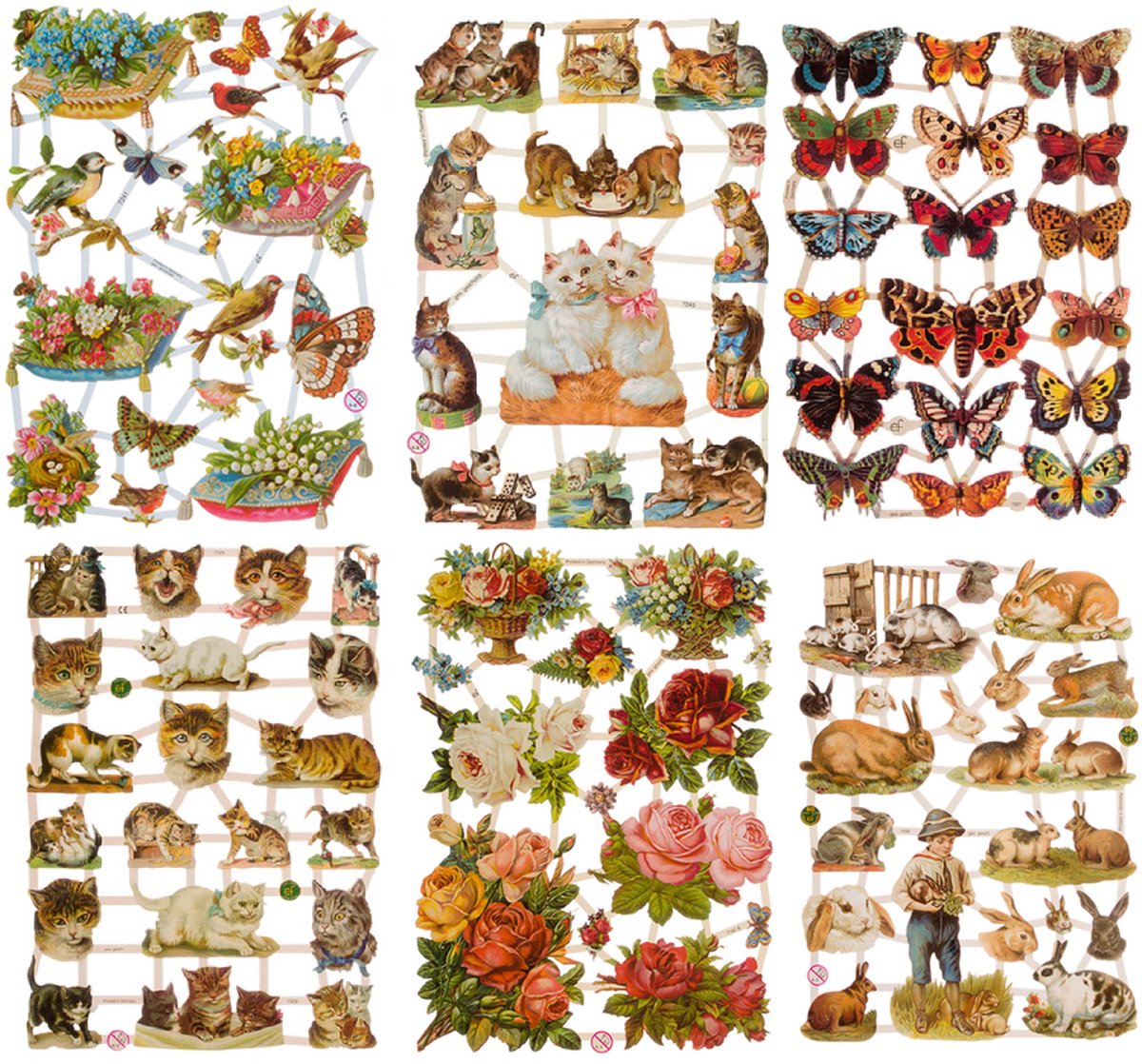 Poëzieplaatjes - 6 vellen - plaatjes - hobby - creatief - decoupage - knutselen - scrapboek - met BOERDRIJDIEREN - POEZEN - VLINDERS - KATTEN - BLOEMEN