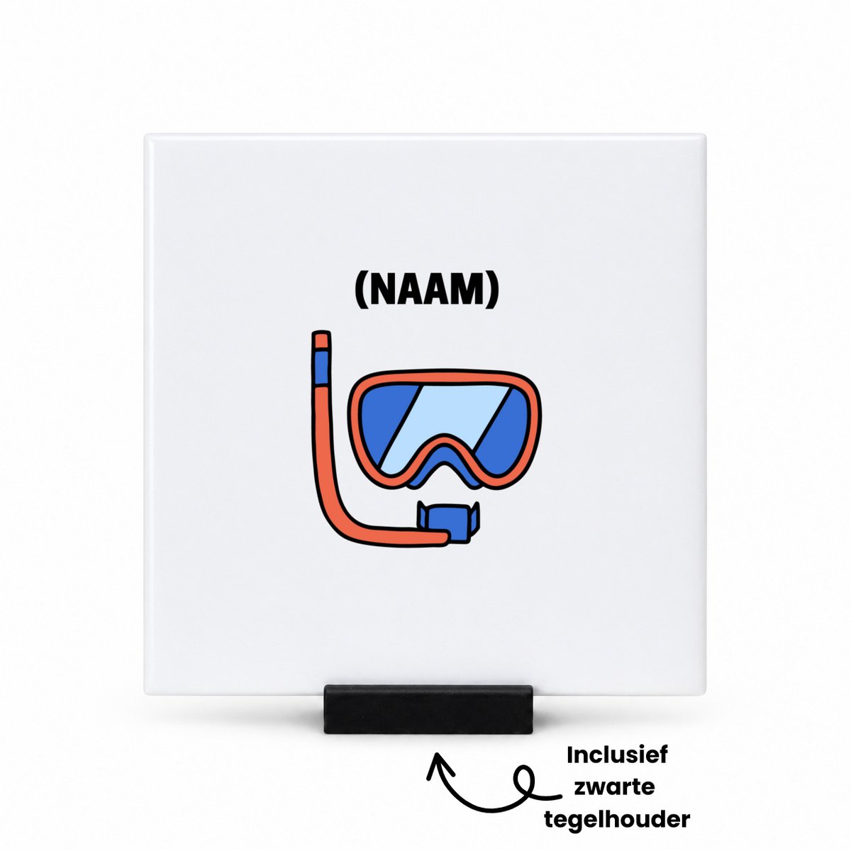 Hacebo Duikbril met eigen naam tegeltje met tegelhouder - Zwemmen - mensen die houden van zwemmen - tegeltjes met tekst - gepersonaliseerde - sport - verjaardagscadeau - kado - gift - geschenk - verrassing - spreuktegels - 10.8x10.8 CM Wit