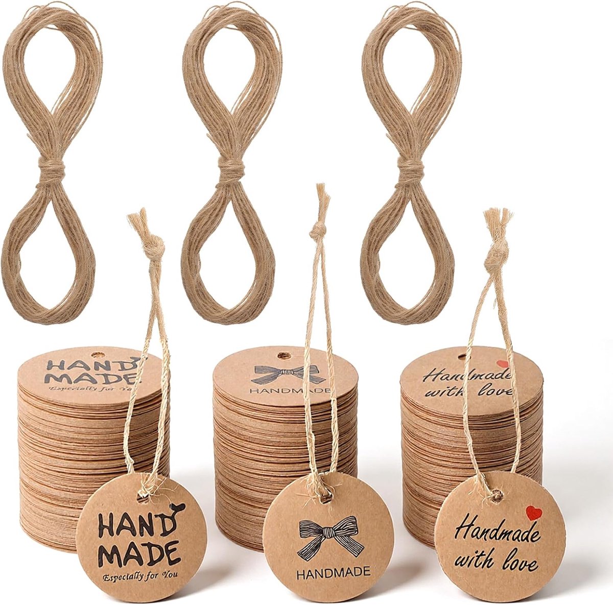 SnelShoppen - 300 Pcs Handmade with Love Labels - Bruine Papieren Labels met 60m Koord - 3cm Ronde Cadeaulabels voor Persoonlijke Ambachten, Kaarsen,