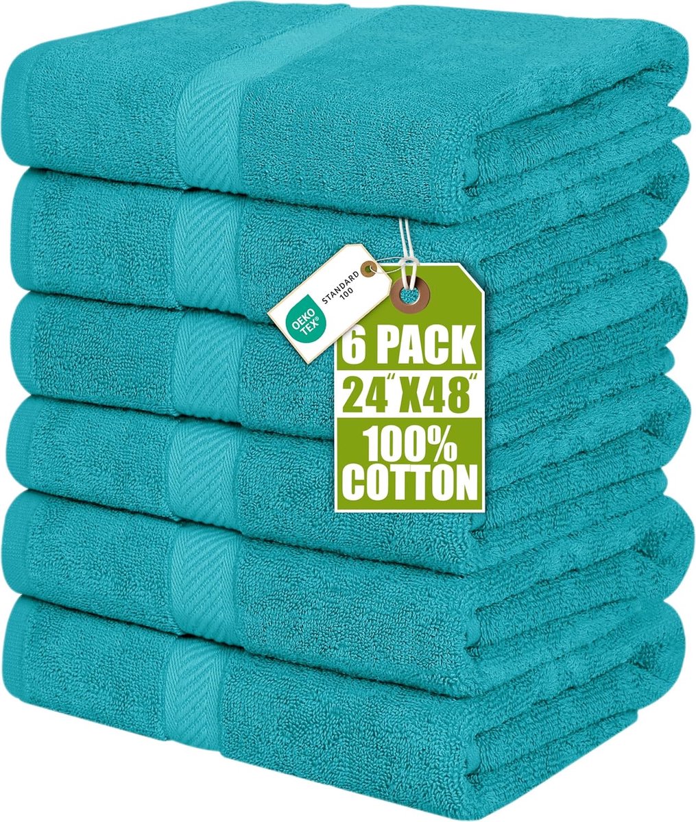 SnelShoppen - 6 Stuks Badhanddoeken 60 x 120 cm - Lichtgewicht en Sneldrogend - 100% Katoen - Absorberend - Turquoise - Voor Sport, Zwembad en Thuis
